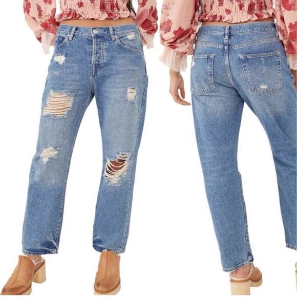 Free People We the Free Bren Boyfriend Jean Distressed High Rise Button Fly 24 - Picture 1 of 10